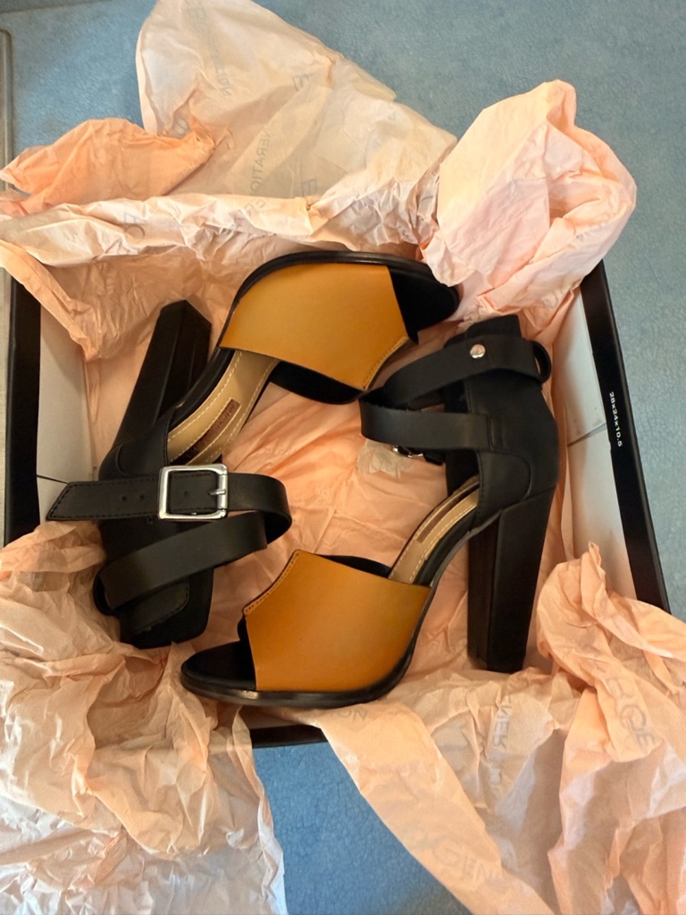 BCBGeneration Cognac & Black 4” Block Heel Day Sandal Size 6/36 NIB - Picture 9 of 13